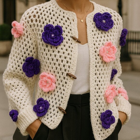 Handmade Floral Crochet Jacket – Luxury Open-Stitch Cardigan with 3D Flowers M/L - Picture 1 of 4